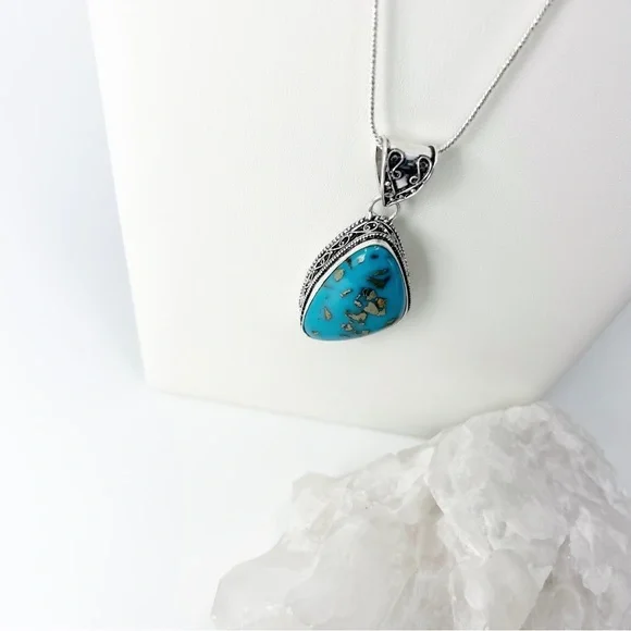 PERSIAN Turquoise Chunky Asymmetrical Gemstone Pendant Necklace Silver 925 New - Picture 4 of 11